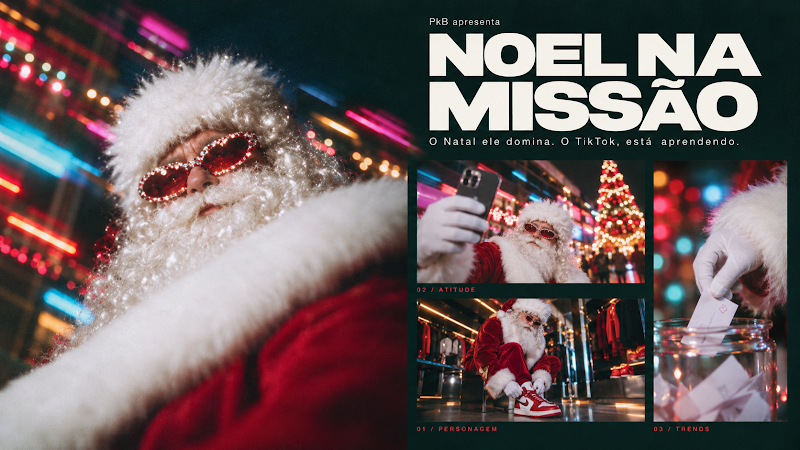 Referência criativa de Noel na Missão: Noel com óculos vermelhos em cenas natalinas.
